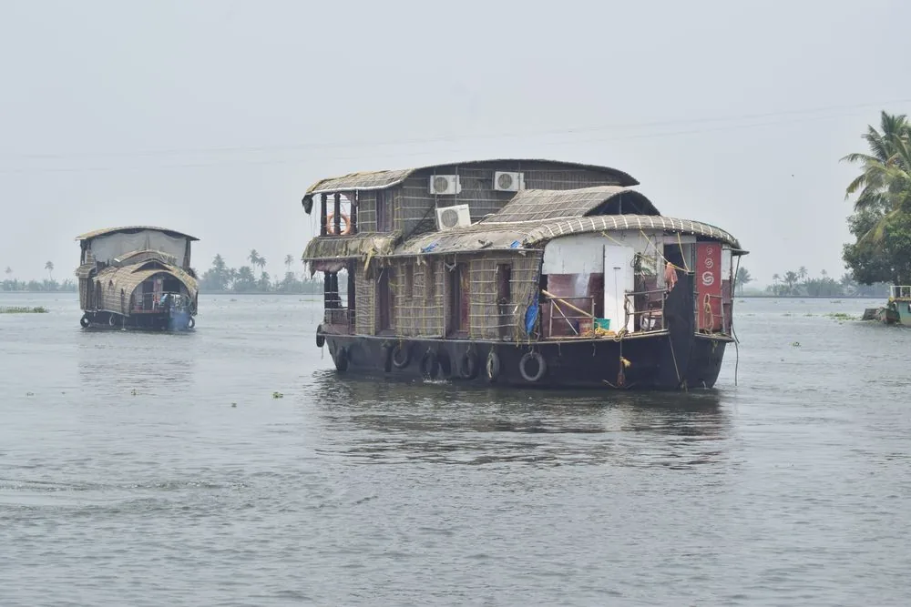 A traditional houseboat cruising the palm-lined Alleppey backwaters